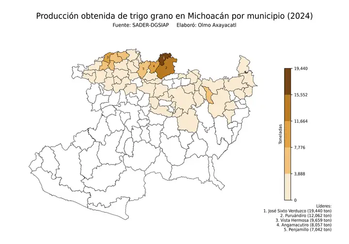 Producción obtenida de trigo en Michoacán por municipio