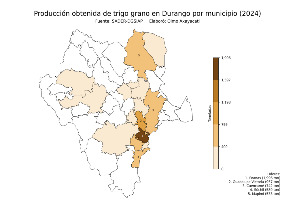 México Producción Agrícola Trigo grano Durango (producción obtenida)